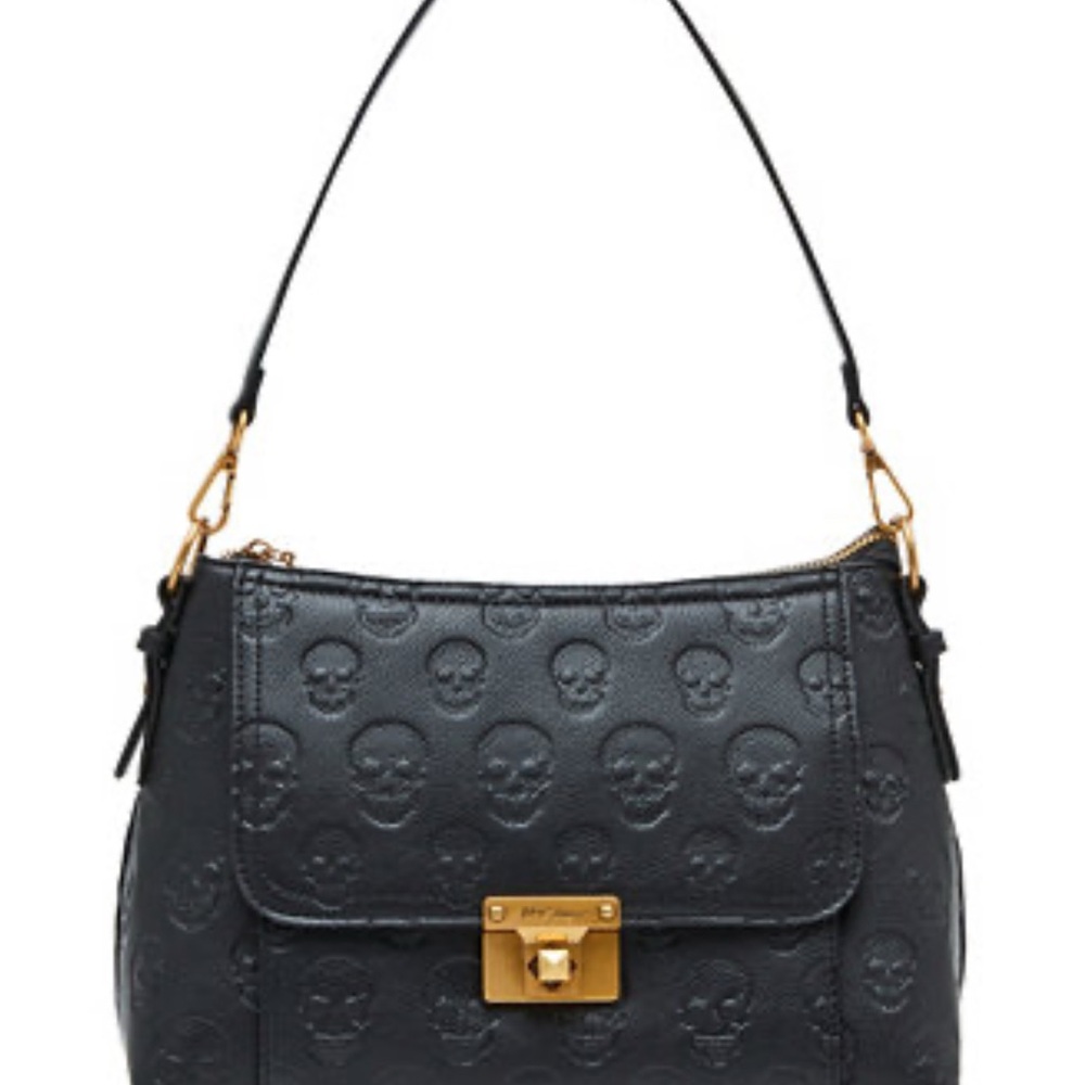 Betsey Johnson Black Skull Embossed Shoulder Bag with floral lining